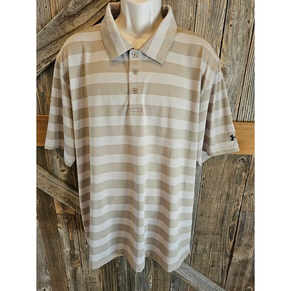 Under armour size XXL brown tan striped performance polo heat gear short sleeve - Picture 1 of 7